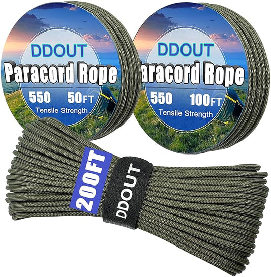 Paracord Nylon Rope Army Green 50ft with 7-Strand Core, 10 Colors and 50/100/200 ft, Type III Parachute Cord 4mm for Camping, Survival, Hiking, DIY, Crafting, Outdoor Utility Rope
