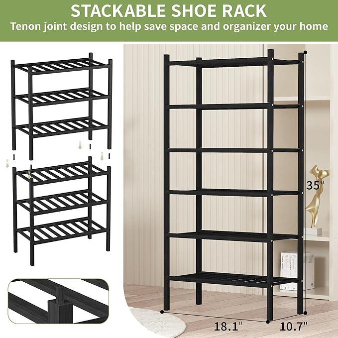 6-Tier Bamboo Small Shoe Rack, Free Standing Wood Shoe Shelf Storage Organizer for Closet Entryway Stackable (Black)