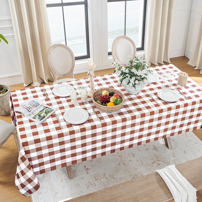 Softalker Gingham Checkered Rectangle Tablecloth - Waterproof Buffalo Plaid Table Cloth Stain Resistant Washable Table Cover for Picnic/Camping/Outdoor - Rust and White, 60 x 102 Inch