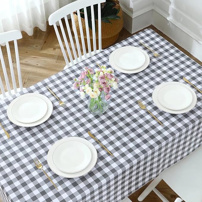 Romanstile Rectangle Vinyl PVC Tablecloth, 100% Waterproof Buffalo Plaid Plastic Table Cloth, Oil Proof Heavy Duty Wipeable Table Covers for Dining/Camping/Picnic/Outdoor - 60 x 84, Grey and White