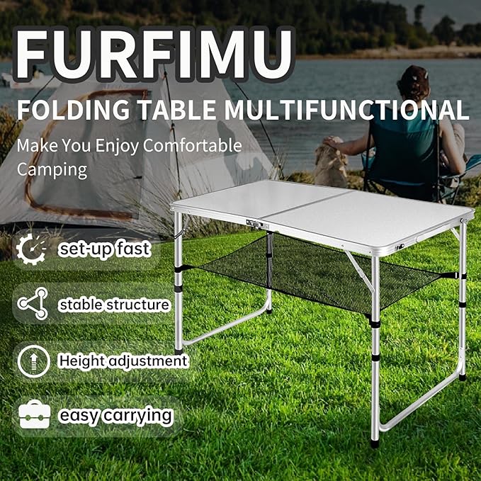 Adjustable Height Portable Camping Table - 4ft Folding Beach Table with Net Mesh, White Metal for Patio BBQ, Backpacking