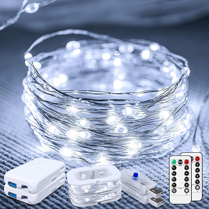 50LED Fairy Lights USB & Battery Powered 2Pack, 16FT White Fairy String Lights with 8 Modes & Timer, Cuttable Copper Wire Waterproof Twinkle Light Indoor Outdoor for Bedroom Wedding Christmas Decor