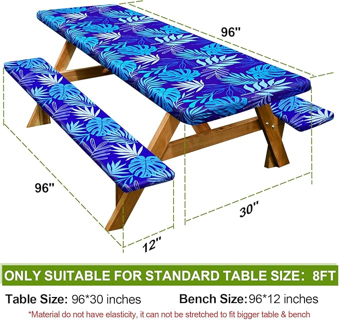 Picnic Table Cover with Bench Covers Camping Essentials Waterproof Windproof Camping Tablecloth with Drawstring Bag, Fitted Rectangle Tables and Seats, 96in, Dark Blue