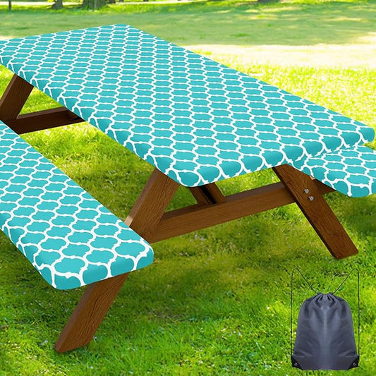 Smiry Picnic Table Cover with Bench Covers, Waterproof Elastic Fitted Tablecloth for 8 Foot Tables, Washable Polyester Tablecloths for Camping, Indoor & Outdoor (Teal Morocco, 30x96 Inch 3-pc Set)