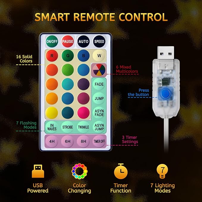 Minetom Color Changing Star String Lights - 17 ft 50 LED Star Fairy Lights with Remote and Timer, 16 Colors and 7 Modes, USB Powered String Lights for Bedroom Tent Patio Xmas Party Indoor Decor