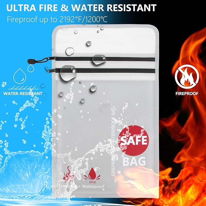 Fireproof Document Bag (2000℉) Upgraded 2 Pockets, GEMEK 15”x 11” Fireproof and Waterproof Money Bag Fireproof Safe Storage for Money, Documents, Jewelry and Passport (Silver - 2 Zipper)