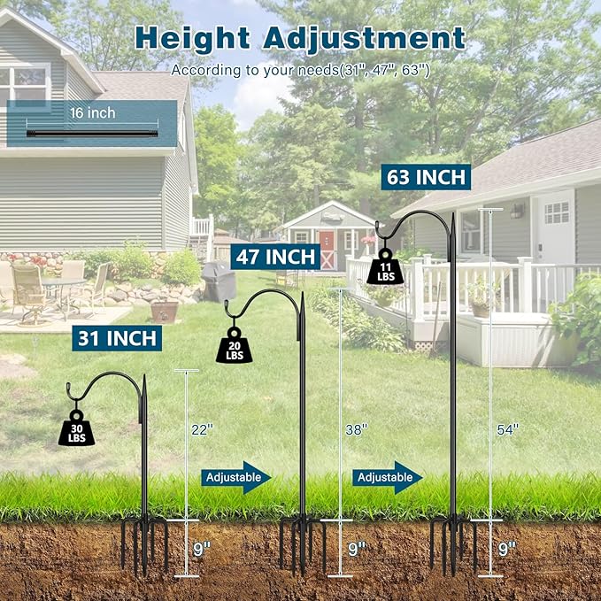 Gtongoko Adjustable 63 inch Shepherds Hooks for Outdoor Bird Feeder with 5 Prongs, Bird Feeder Pole Garden Hooks for Hanging Lanterns, Plants Baskets, Hummingbird Feeders, 2 Pack