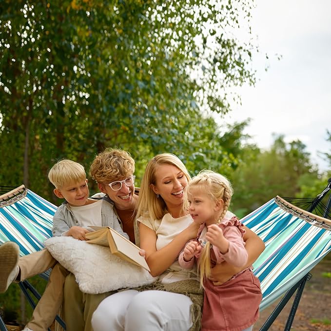 Tranquillo Sturdy Steel Hammock with Stand Premium Cotton Canvas Hammock, 600 lbs Capacity Hammock Stand Folding, Portable 30-Second Fold Unfold for Camping, (Canvas - Blue Leaf)