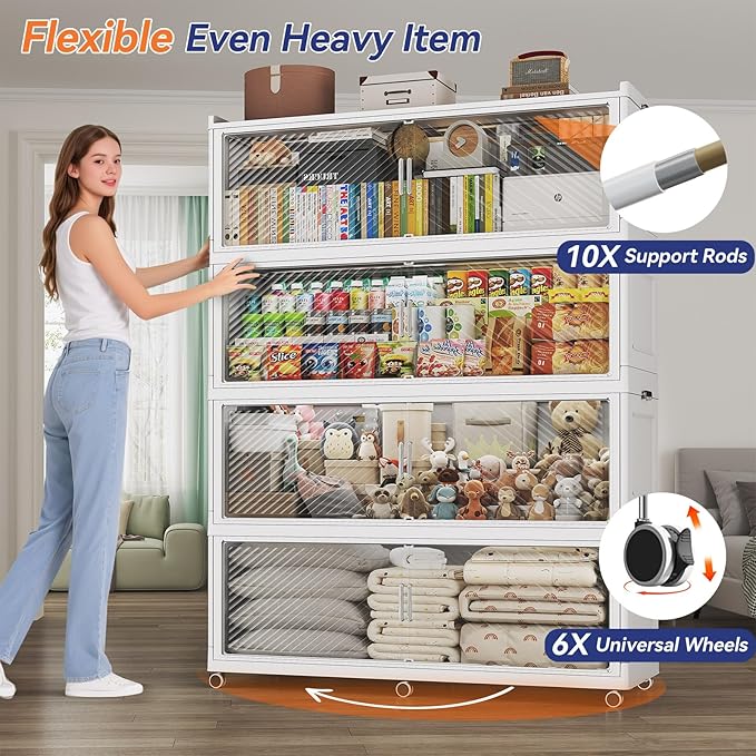 240GAL Extra Large Stackable Storage Bins with Lid, 960QT Plastic Closet Organizer and Storage Cabinet with Wheels and Doors, Folding Storage Box Container for Home Organization, 3Pack White