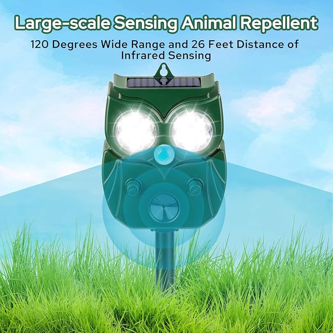 [2025 Upgrade] Solar Animal Repellent Outdoor for Deer Squirrel Mole Rabbit Cat Skunk Bird Raccoon Dog, Waterproof Ultrasonic Pest Repeller with Motion Detector and LED for Yard Lawns Garden 1 Pack