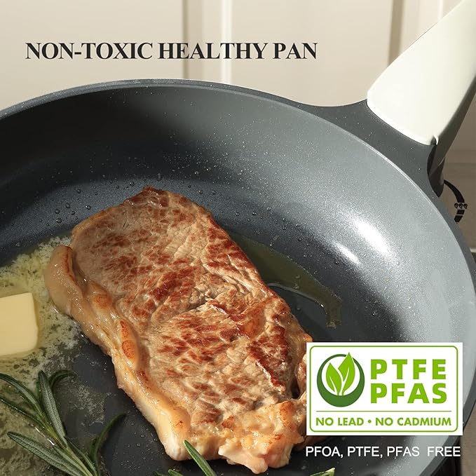 Nonstick Ceramic Frying Pan with Lid, Non Toxic Skillet, Healthy Egg & Omelet & Chef's Pan, PTFE PFOA & PFAS Free, Induction Compatible (8Inch W/L)