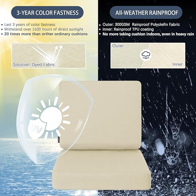Favoyard Outdoor Deep Seat Cushion Set, 22 x 22 Inch Rainproof & 3-Year Fade Resistant Patio Furniture Cushions, Removable Seat Bottom & Back Cushion Covers with Ties for Chair, Sofa, Couch, Beige