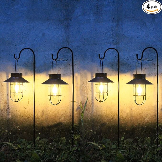 4 Pack Hanging Solar Lantern Lights with Shepherd Hook, Metal Waterproof Warm White Edison Bulb Lights for Garden Outdoor Pathway
