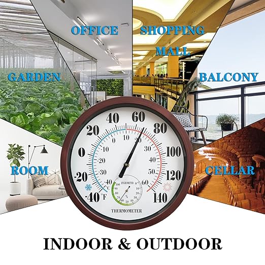 Indoor Outdoor Thermometer Large Numbers 12 Inch Wall Weather Thermometer Hanging Garden Decor Hygrometer No Battery Needed (Brown)