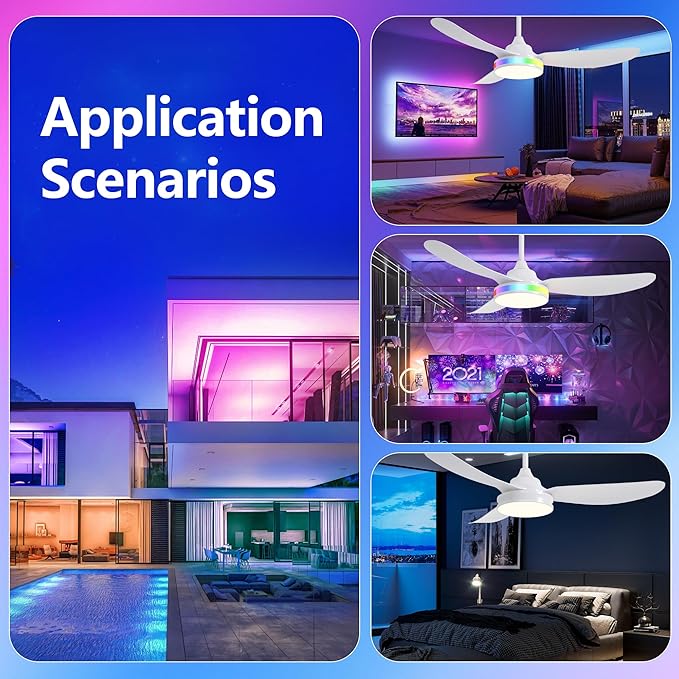 42 Inch Ceiling Fan with Light and Remote, Modern 3 Blade DC Motor Quiet Fan, Dimmable RGB LED, Reversible ABS Blades, for Bedroom Living Room, White (White)