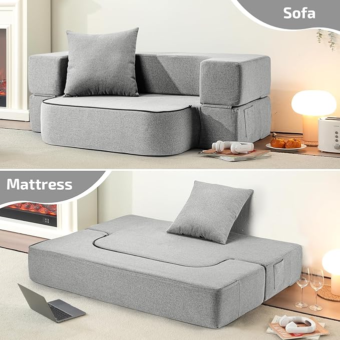 2-in-1 Folding Sofa Bed with Pillow - Folding Chair Floor Couch & Sleeping Mattress - Washable Cover & Memory Foam Sleeper Chair for Living Room/Guest Room/Apartment/Loft, Light Gray