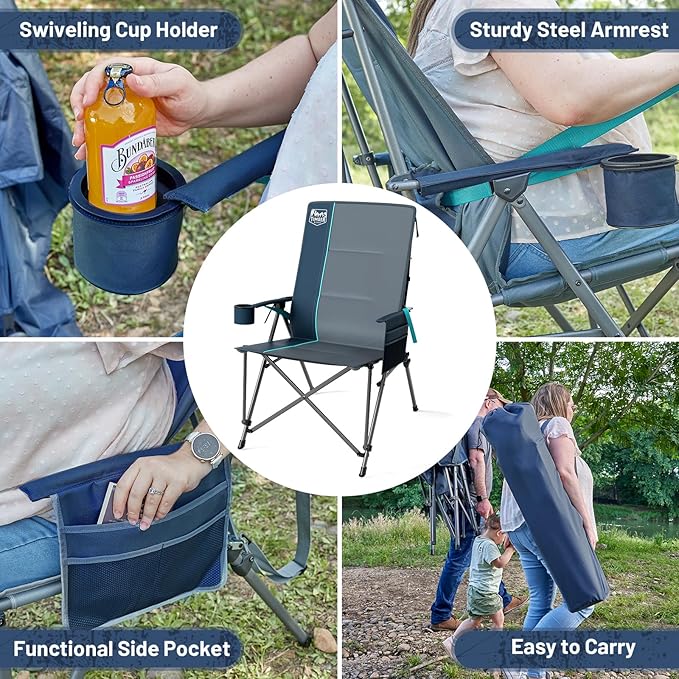 TIMBER RIDGE Oversized Camping Chair with Lumbar Support, Portable Folding Chair Heavy Duty for Adults Supports 450 LBS for Outdoor Camping, Lawn, with High Back, Cup Holder, Side Pocket - Blue