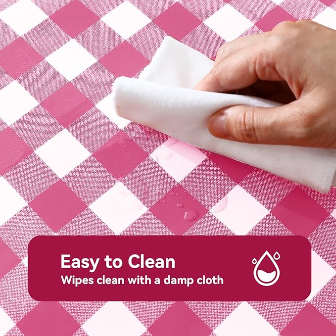 Romanstile Square Vinyl PVC Tablecloth, 100% Waterproof Buffalo Plaid Plastic Table Cloth, Oil Proof Heavy Duty Wipeable Table Covers for Dining/Camping/Picnic/Outdoor - 54 x 54, Hot Pink
