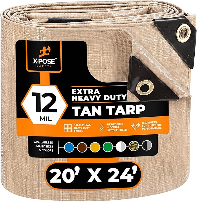 Heavy Duty Tan Poly Tarp 20' X 24' - Multipurpose Protective Cover - Durable, Waterproof, Weather Proof, Rip and Tear Resistant - Extra Thick 12 Mil Polyethylene - by Xpose Safety