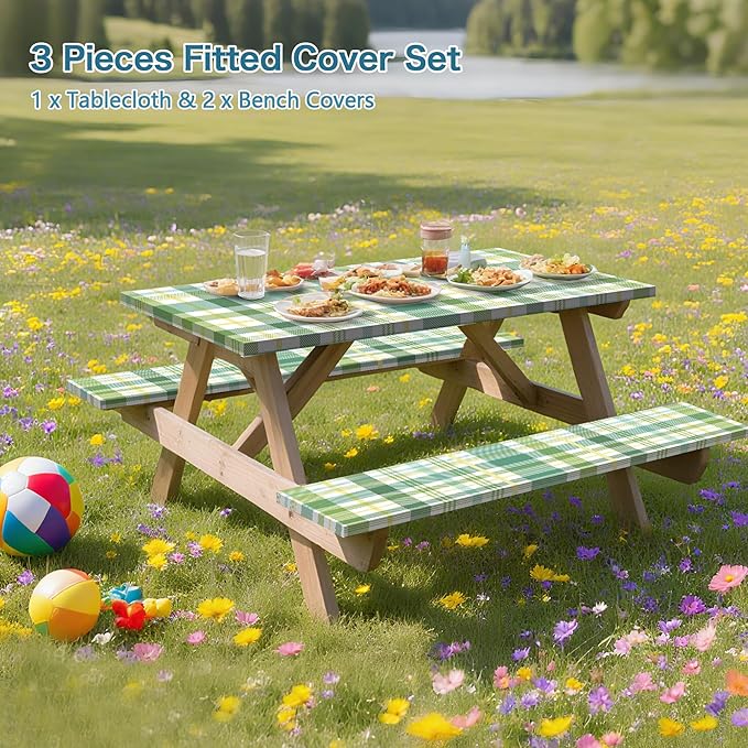 Green Picnic Table Cover with Bench Covers, 3 Pcs Waterproof Elastic Picnic Table Cover Outdoor Camping Essentials, Windproof Fitted Tablecloth for Indoor Outdoor (Plaid, 72X30 Inch)