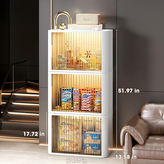 Closet Mounted Storage and Organization Systems Storage Bins with Lids and Rolling Doors Stackable Plastic Pantry Cabinet Cupboard Storage Cabinet with Sliding Door Wheels White，Large