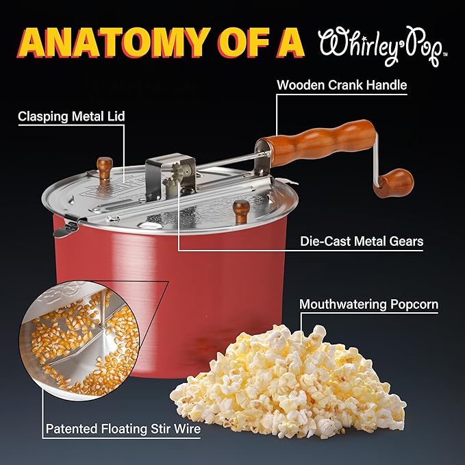 Original Whirley Pop Starter Pack - Wabash Valley Farms Popcorn Kit, Whirley Pop Popcorn Maker With 3 Movie Theater Popcorn Kits and 4 Movie Night Face Tubs, Gourmet Popcorn Gift Sets (Metal Gear-Red)