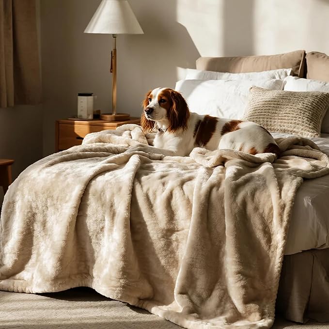 gogobunny Waterproof Bed Blanket, Reversible Sherpa Fleece Throw Blanket for Dog Puppy Cat, Furniture Cover Protects Bed Couch Sofa from Liquid Pee and Pet Fur (Beige, 90x108 inches)