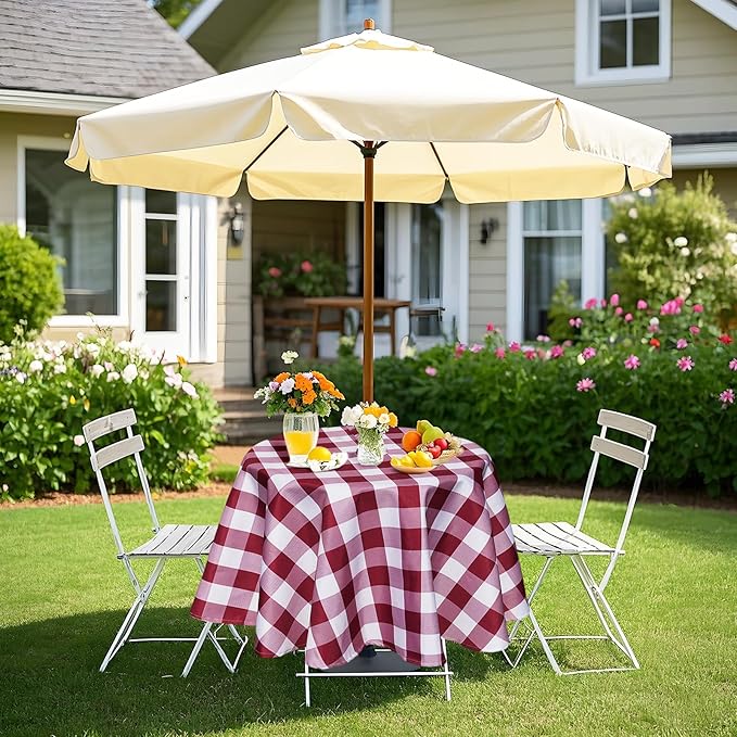 Poise3EHome 60 inches Outdoor/Indoor Waterproof Spillproof Round Tablecloth with Umbrella Hole for Camping, Picnic, Spring, Patio, Party, Burgundy Red Checkered