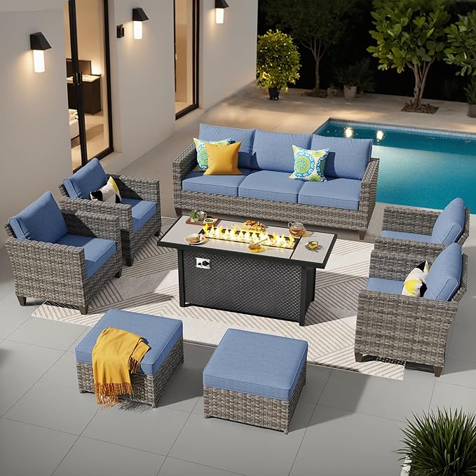 ovios 8 Pieces Patio Furniture Set with 54" Fire Pit Table, Outdoor Wicker Sofa with Comfy Cushions, All Weather High Back Rattan Couch Conversation Set, Denim Blue
