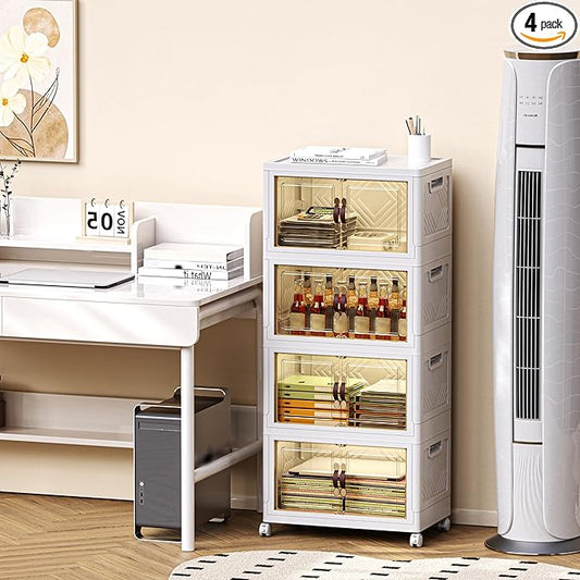 200 QT / 50 Gal Stackable Collapsible Storage Bins (1 Lid) with Magnetic Doors & Wheels - Plastic Cabinet Organizer for Home Office Closet, White Space-Saving Containers