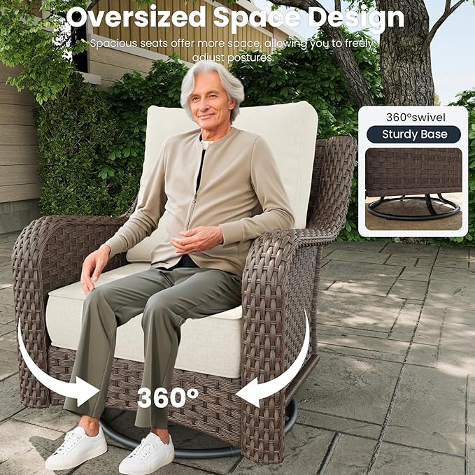 9 Pieces Outdoor Patio Furniture Sets with Rocking Swivel Chairs with 6-inch Thick Cushion and Side Table for Deck Lawn