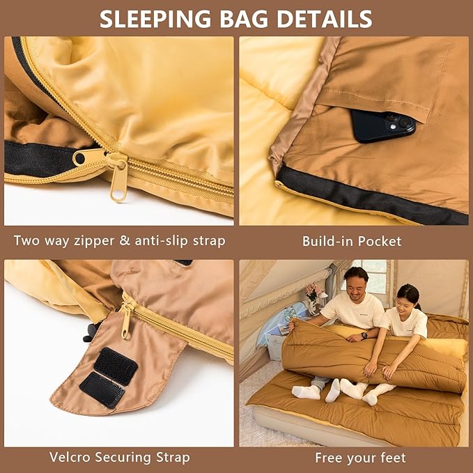 BISINNA Double Sleepinag Bag for Adults Two Person Queen Size Camping Sleeping Bag for All Season Backpacking Hiking Cold Weather with Compression Sack