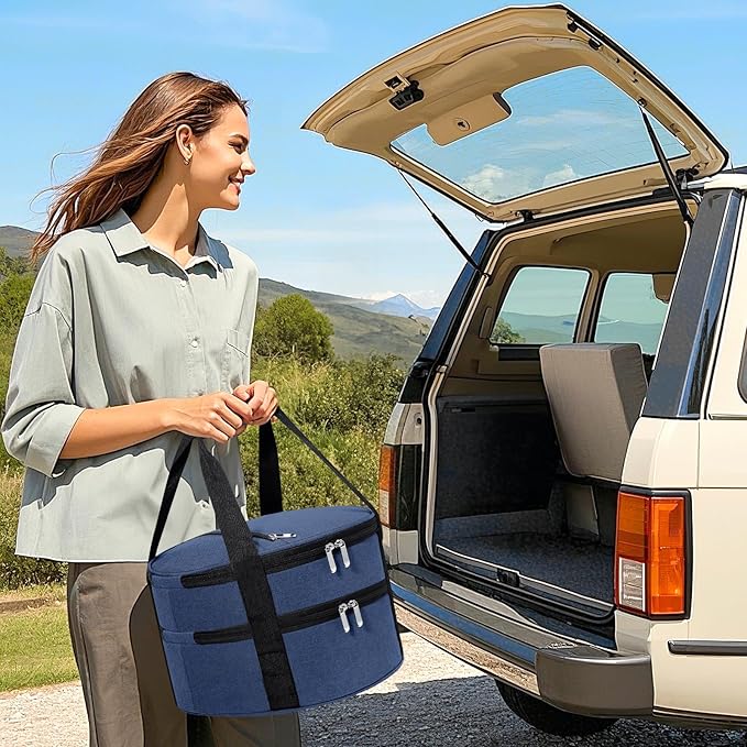Round Double Insulated Casserole Carrier, Pie Carrier Bag, Portable Casserole Carrier for Hot or Cold Food Lunch Tote, Lunch Bag for Parties Picnic, Fits 12.5" Baking Dish, Navy Blue