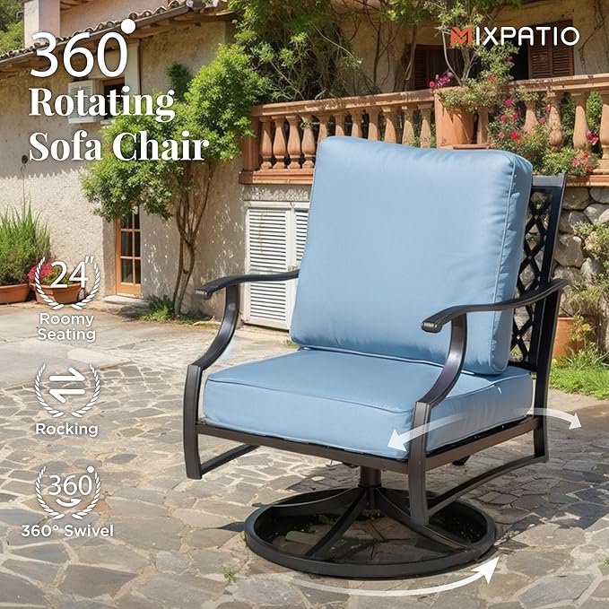 Patio Furniture Set with Fire Pit Table, 5 Pcs Metal Outdoor Conversation Set, 4 Swivel Chairs with 5.75" Extra Thick Cushion and 28" Fire Pit Table for Backyard Deck, Blue