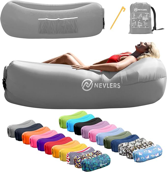 Nevlers Inflatable Lounger | 210T Polyester Inflatable Chair | No-Pump Blow Up Couch | Camping Couch Air Sofa Bed w/ 450 lbs. Cap., Pockets & Matching Bag | Use as Inflatable Couch for Adults & Kids