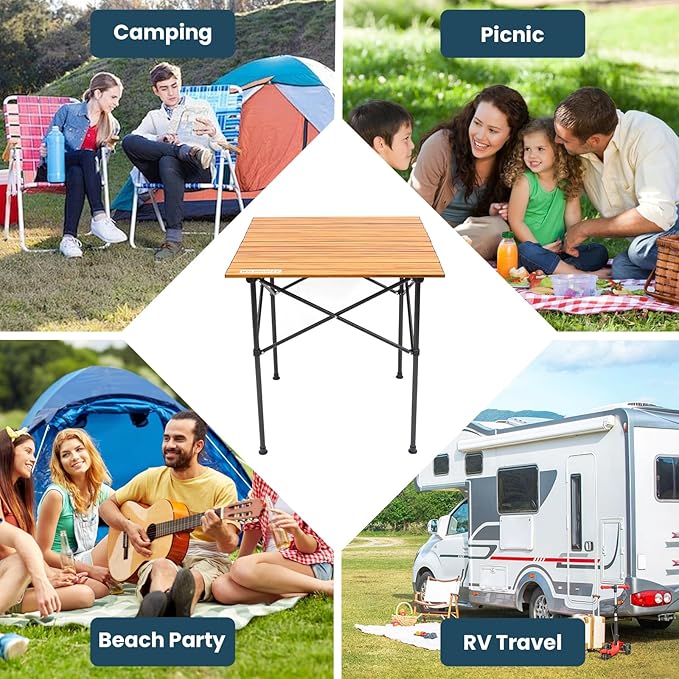 WILDROOTS Folding Camping Wood Grain Brown Table with Carry Bag, Lightweight Aluminum Table for Outdoor, Camping, Picnic, Cooking, Backyards, BBQ (L)