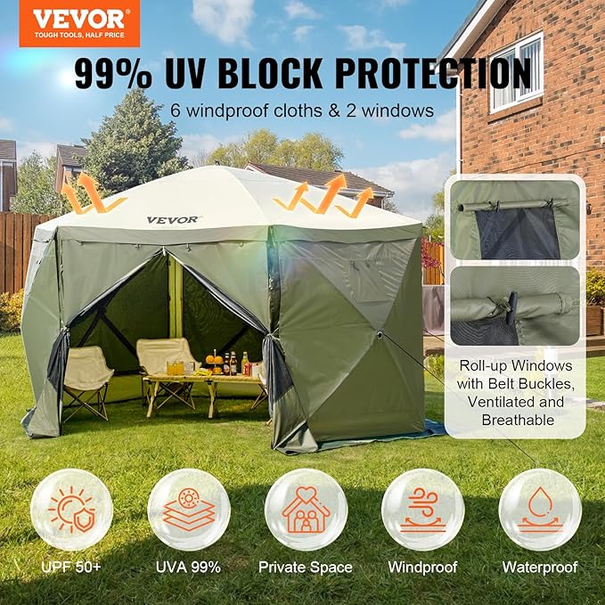 VEVOR 12x12ft Pop Up Gazebo Tent with Mosquito Netting, 6 Removable Wind Panels & 2 Mesh Windows, Outdoor Canopy Shelter for Patio, Army Green