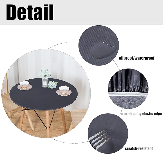 LUSHVIDA Round Waterproof Table Cover Elastic Vinyl Fitted Tablecloth Elastic Edged Plastic Table Cloth (Grey, Best for Up to 36"-44" Round)