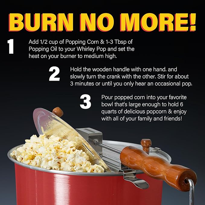 Original Whirley Pop Starter Pack - Wabash Valley Farms Popcorn Kit, Whirley Pop Popcorn Maker With 3 Movie Theater Popcorn Kits and 4 Movie Night Face Tubs, Gourmet Popcorn Gift Sets (Metal Gear-Red)