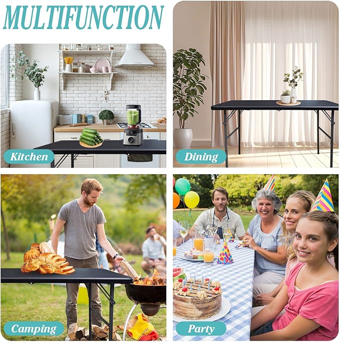 Gocamptoo Folding Table,4ft Indoor Outdoor Heavy Duty Portable Folding Square Plastic Dining Table w/Handle (Balck)