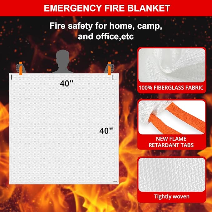 SecuCaptain Emergency Fire Blanket for Home and Kitchen - 40"x40" Flame Suppression Fiberglass Fire Blankets for House Camping Car Warehouse Office Emergency Survival Safety