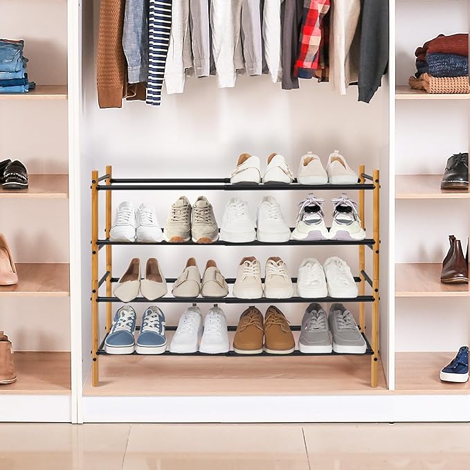 STORAGE MANIAC Expandable Shoe Rack, 12 Pairs Stackable Small Shoe Rack, Metal Adjustable Shoes Organizer for Closet, Entryway, Hallway, Garage, Front Door, Shoes Shelves, Bamboo 3 Tier
