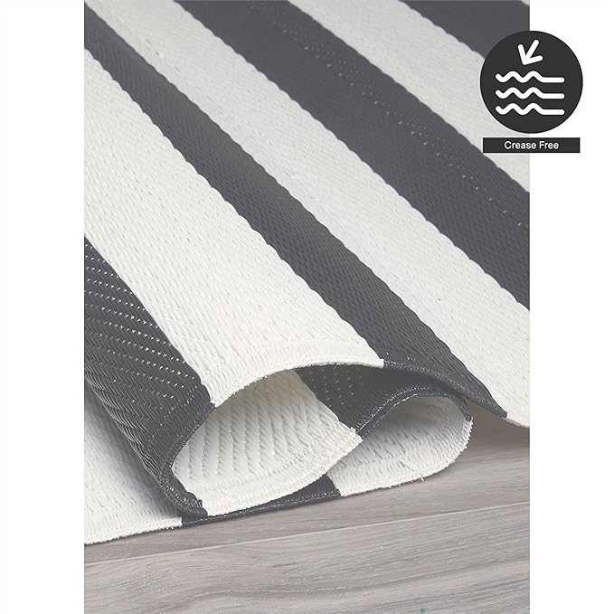 FH Home Outdoor Rug - Waterproof, Fade Resistant, Crease-Free - Premium Recycled Plastic - Geometric - Patio, Porch, Deck, Balcony - Brittany Stripe - Gray & White - 5 x 8 ft