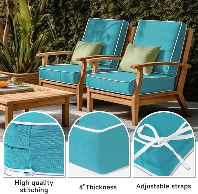 PNP FKJP 2 Pack Outdoor Chair Cushion 20" X 20" X 4", Waterproof Outdoor Seat Cushions with Non-Skid Ties, Aqua Blue (Cushion + Cover)