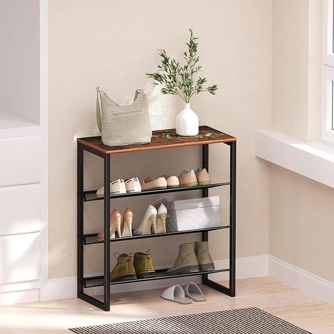 Industrial Shoe Rack - Sturdy Steel Entryway Shoe Organizer with Spacious Top - Strong Mesh Shoe Storage Shelves - Adjustable Shoe Stand for Closet Organization (4-Tier)