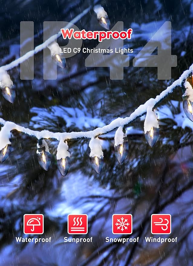 Vintage C9 LED Christmas Lights Outdoor, 150 Ft C9 String Light with 150 Shatterproof Warm White Bulbs, Waterproof Connectable Christmas Tree Lights for Roofline Holiday Garden Party Xmas Decorations