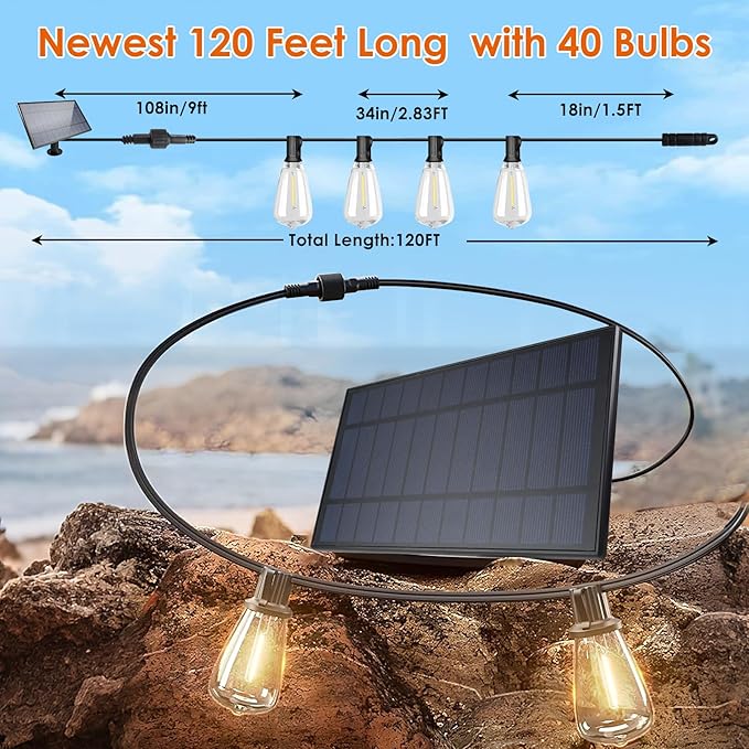 120FT Solar String Lights Outdoor,Solar Patio Lights Waterproof with Remote & 40+2 Dimmable ST38 Shatterproof LED Bulbs,Commercial Grade Solar Powered String Lights for Outside