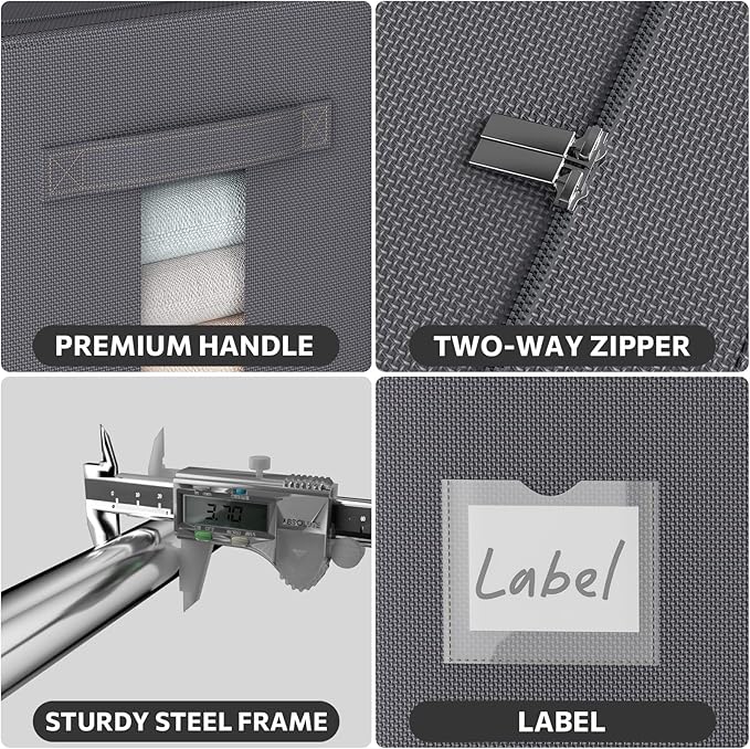 3Pack Stackable Clothes Storage Bins - Oxford Frame Storage Box Foldable Clothing Storage Container Organizer Set with Clear Window & Carry Handles Large Capacity (Dark Gray, Large-66L)