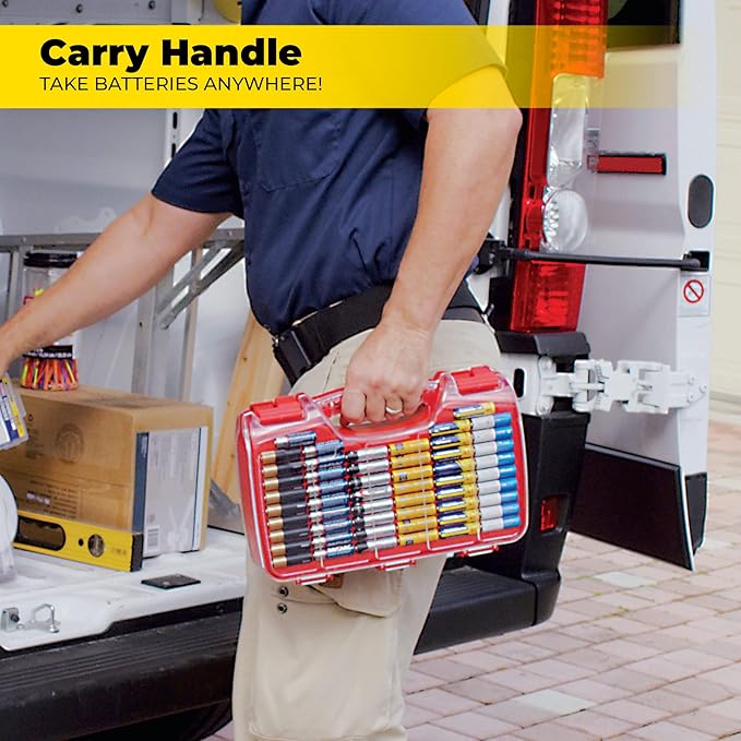 Ontel Battery Daddy Storage & Organizer Case with Tester, Stores & Protects Up to 180 Batteries, Double-Sided, Durable Design with Clear Locking Lid, Secure Latches & Portable Carrying Handle - Red