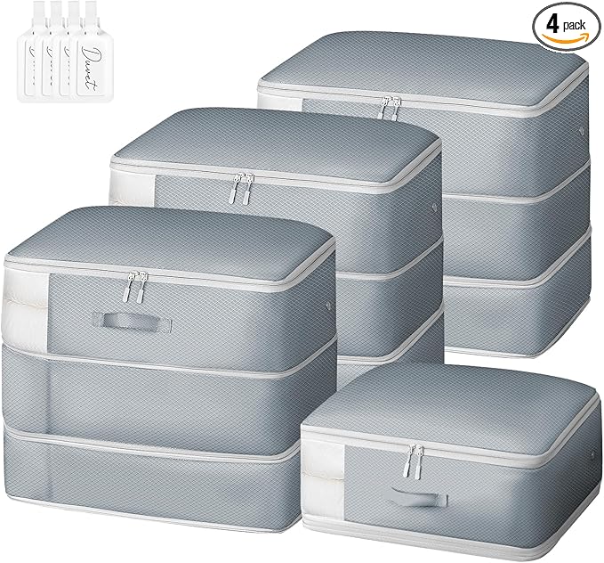 Comforter Storage Bag - Large Capacity Blanket Storage Bags 3-Layer Ultra Space Saving Self Compression Organizer, Washable Compression Bags for Storage Comforter Blanket, 4-Pack, Grey